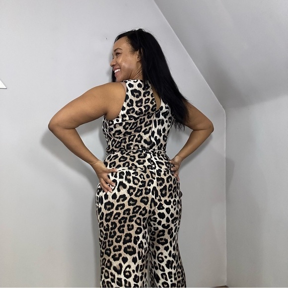 French Connection Leopard Print Jumpsuit Animal Print Wide Leg Romper Neutral - Picture 10 of 11